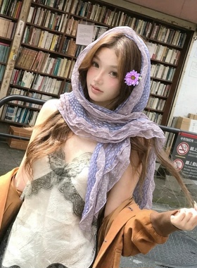 藤井树同款紫色丝巾女小众高级感薄款围巾系脖古早蕾丝长款围脖
