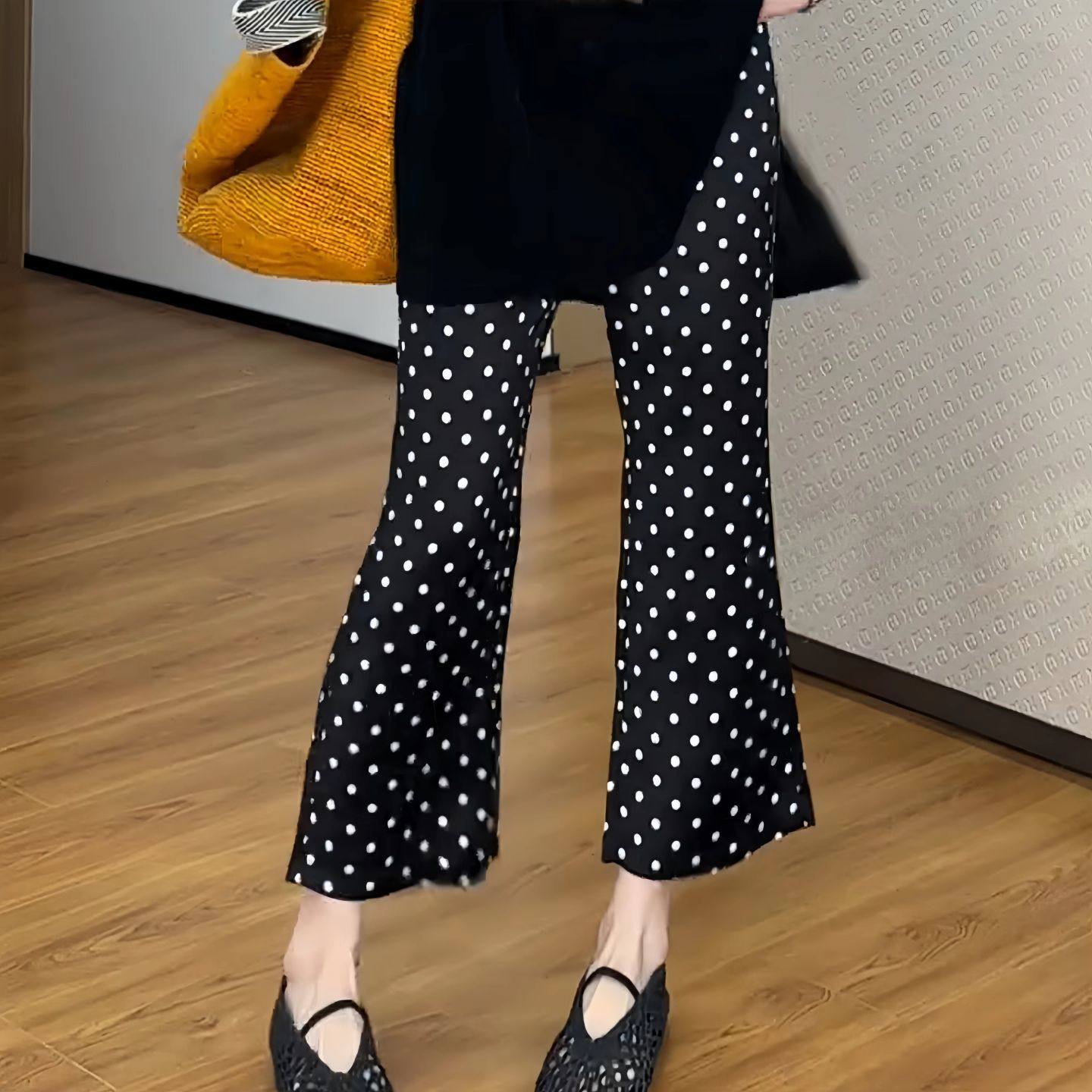 高腰波点百搭休闲裤女春夏新款大码胖MM流行显瘦微喇叭九分裤子潮,淘宝优惠券,粉丝福利购,淘宝优惠卷