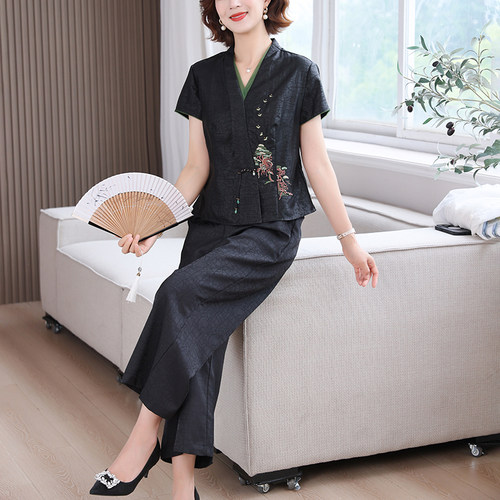 仿香云纱龟纹套装女2025新款夏季高端桑蚕丝国风上衣直筒裤两件套 - 图1