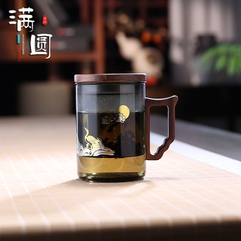 轻奢耐热玻璃泡茶杯仙鹤创意烟灰色喝茶杯茶水分离办公杯带木盖儿 - 图1