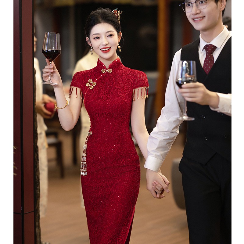 红色敬酒服新娘旗袍小个子订婚礼服连衣裙中式结婚蕾丝女回门夏季 - 图2