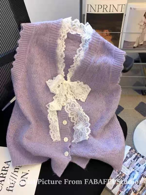 小香风蕾丝蝴蝶结马甲针织衫女款2025新款春秋季外搭叠穿毛衣背心,淘宝优惠券,粉丝福利购,淘宝优惠卷