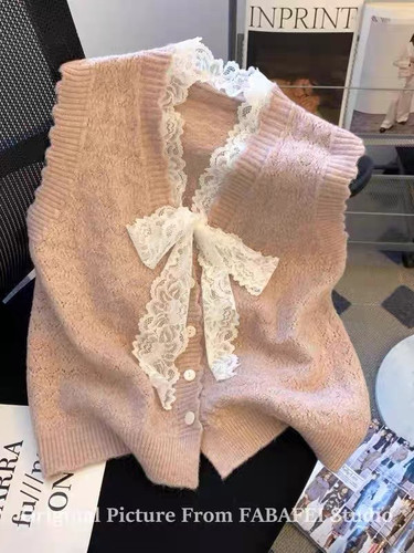 小香风蕾丝蝴蝶结马甲针织衫女款2025新款春秋季外搭叠穿毛衣背心 - 图1
