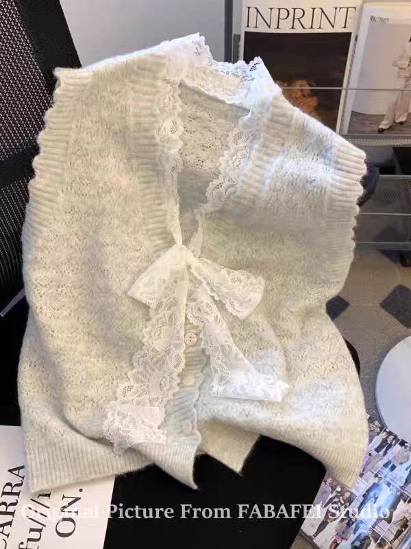 小香风蕾丝蝴蝶结马甲针织衫女款2025新款春秋季外搭叠穿毛衣背心,淘宝优惠券,粉丝福利购,淘宝优惠卷