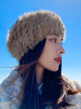 超美韩版兔毛发带帽子女宽秋冬保暖日系头饰头套发箍帽毛毛绒发带