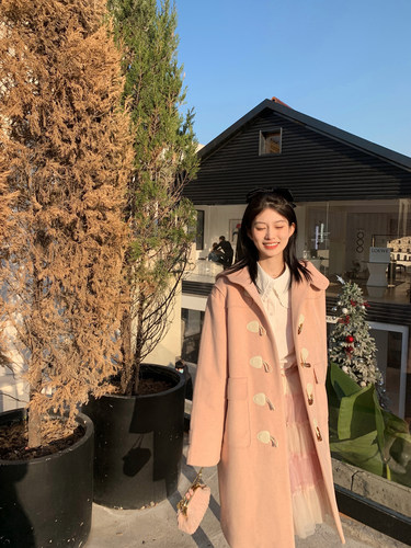 LXLILIUM 粉色牛角扣大衣女2022年新款冬季小个子夹棉毛呢外套 - 图0