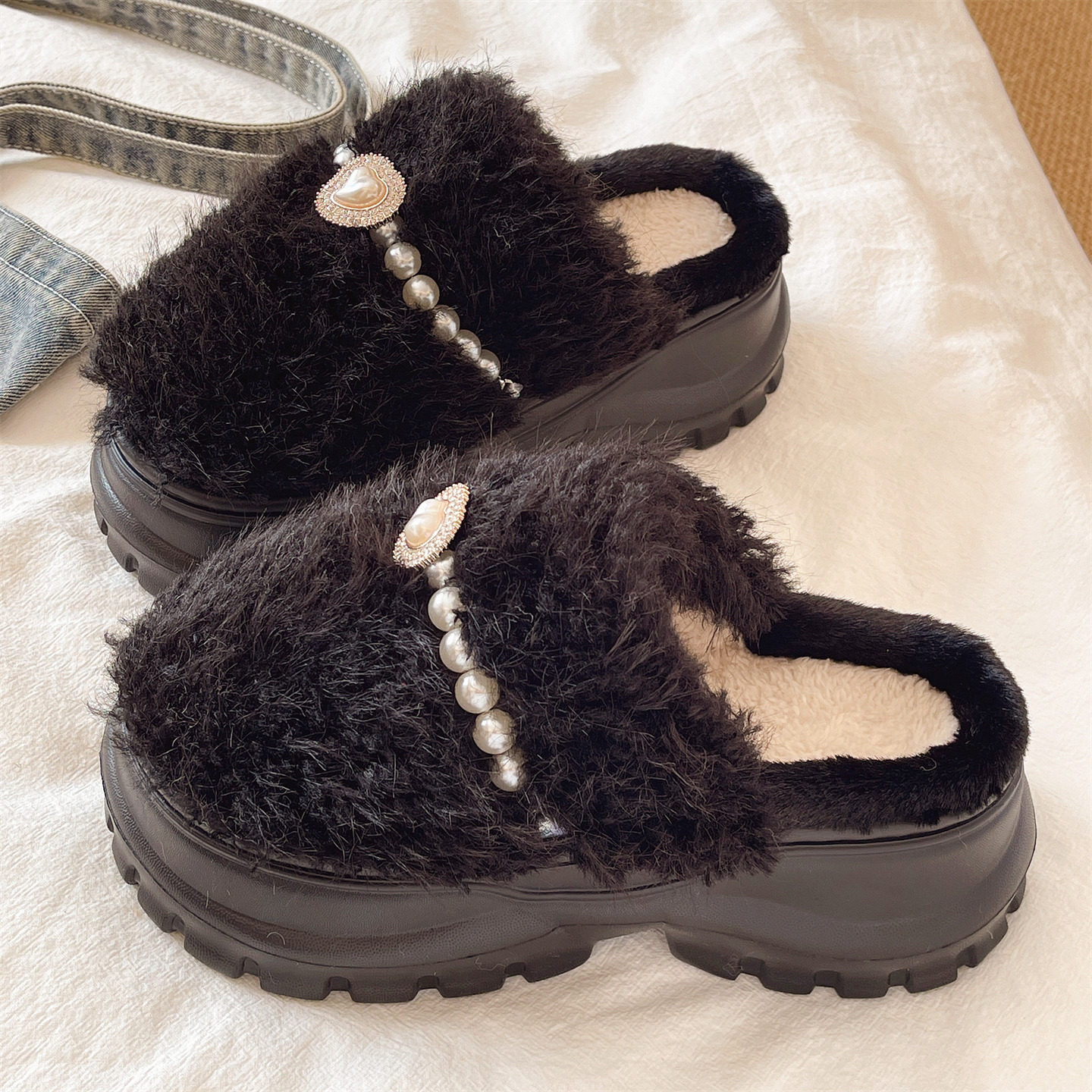 厚底高跟毛毛拖鞋女冬季时尚珍珠加绒保暖防滑外穿室内包头棉拖鞋,淘宝优惠券,粉丝福利购,淘宝优惠卷