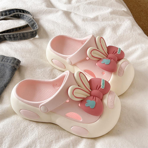 少女心可爱蝴蝶结洞洞鞋女夏季厚底防滑居家外穿踩屎感包头凉拖鞋 - 图0