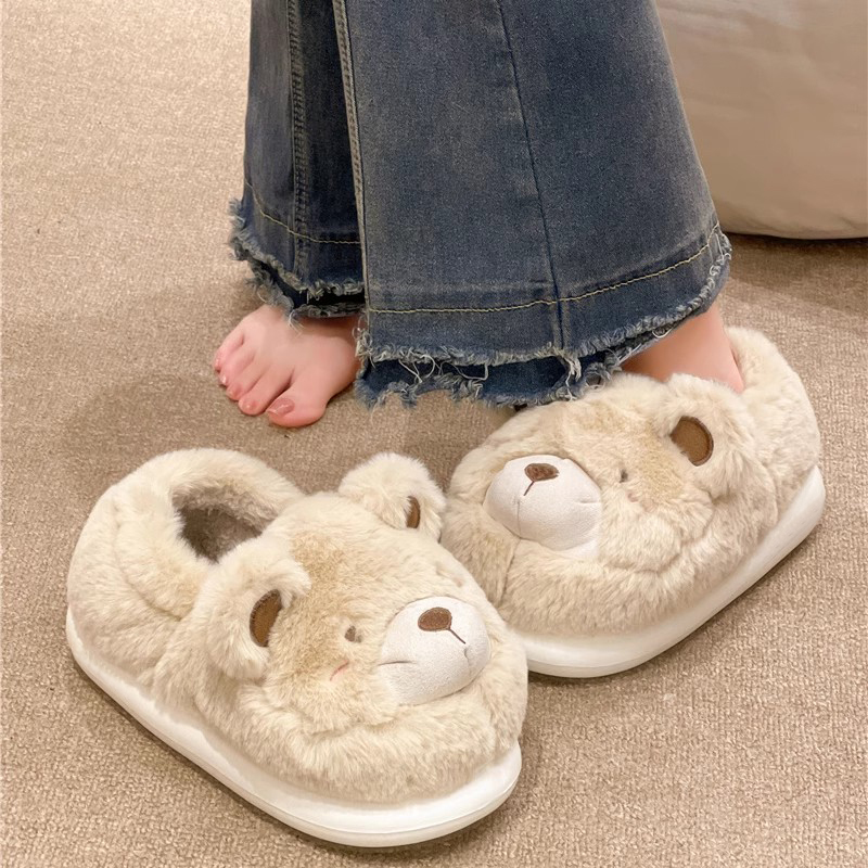 可爱小熊棉拖鞋女冬季2025新款室内居家厚底防滑包跟毛绒保暖棉鞋 - 图0