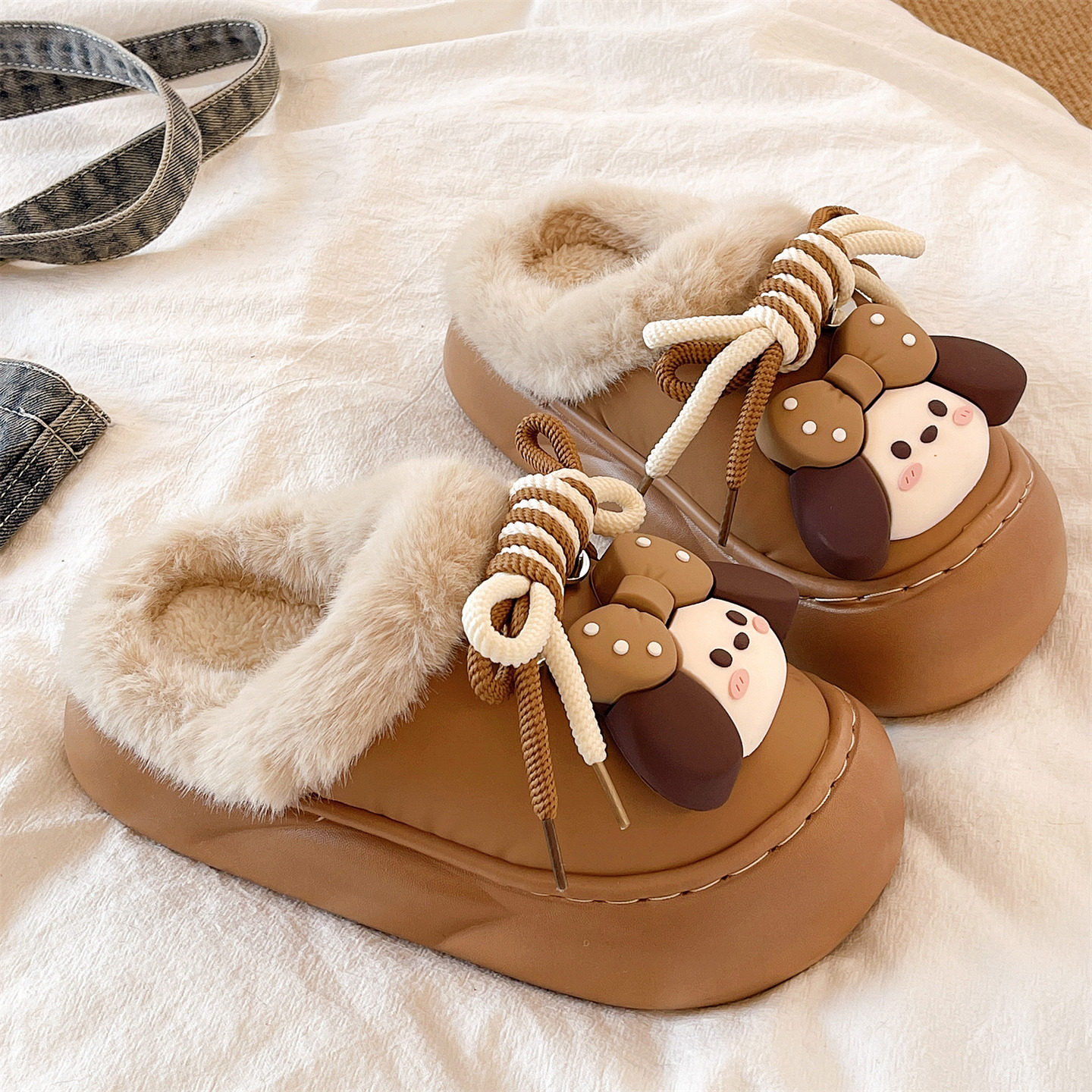 防水棉拖鞋女士冬季室内居家加绒保暖可爱蝴蝶结女孩厚底包头拖鞋,淘宝优惠券,粉丝福利购,淘宝优惠卷