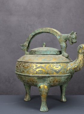 错金商代提梁凤头盉铜祥德工艺博物馆制作家居工艺品摆件高档礼品