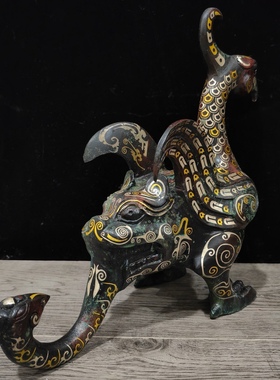 仿古摆件错金银工艺虎凤尊鸟形神兽古玩纯铜错银凤首兽尾双翼兽