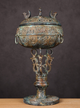 仿古青铜器摆件汉代双龙双凤熏炉影视道具古玩收藏摆件可实用