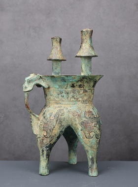 铜祥德博物馆古青铜器西周兽面纹斝摆件装饰品古玩酒器斝酒壶摆件
