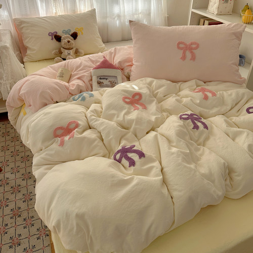 ins韩系床上四件套纯棉全棉2026新款蝴蝶结毛巾绣学生宿舍三件套4 - 图0