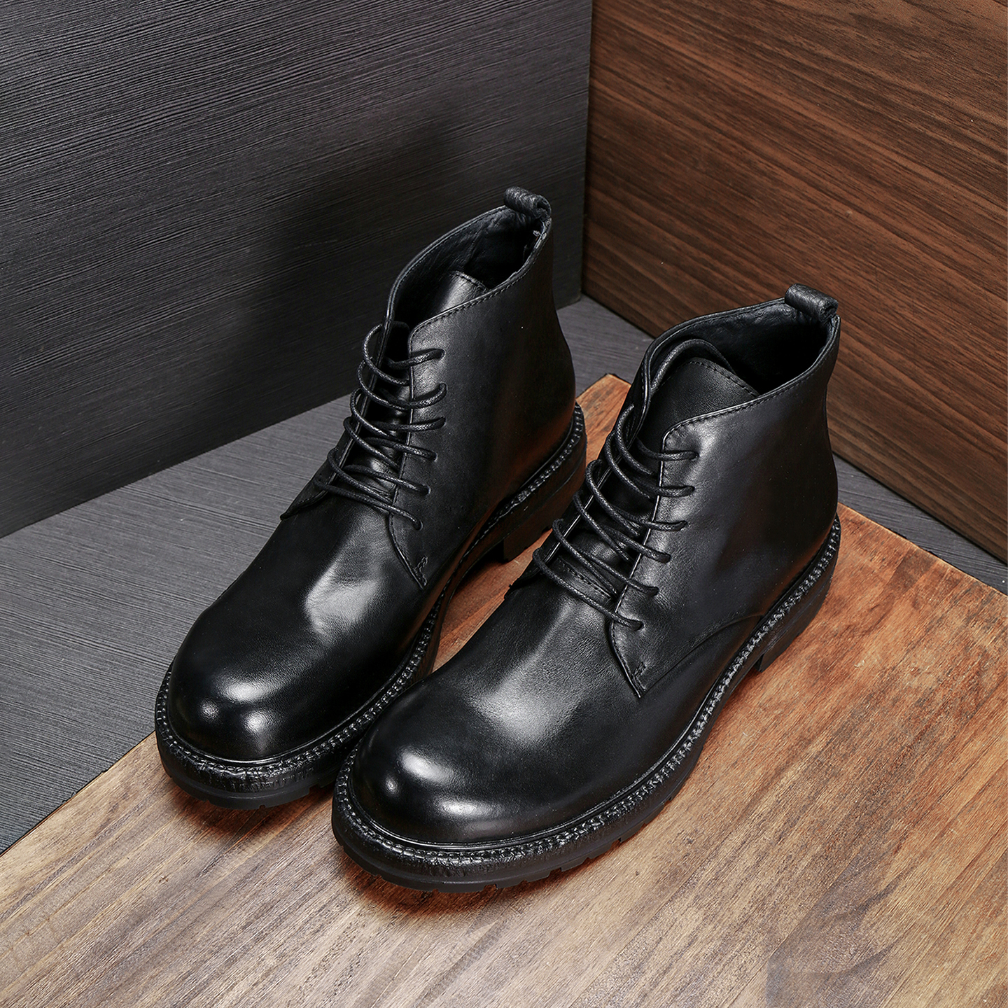 男士厚底马丁靴冬季真皮时尚短靴时尚潮流机车靴子圆头户外工装靴 - 图0