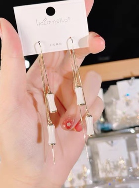 长款绿色竹节耳线耳环女防丢流苏设计感网红百搭耳饰2022新款耳坠