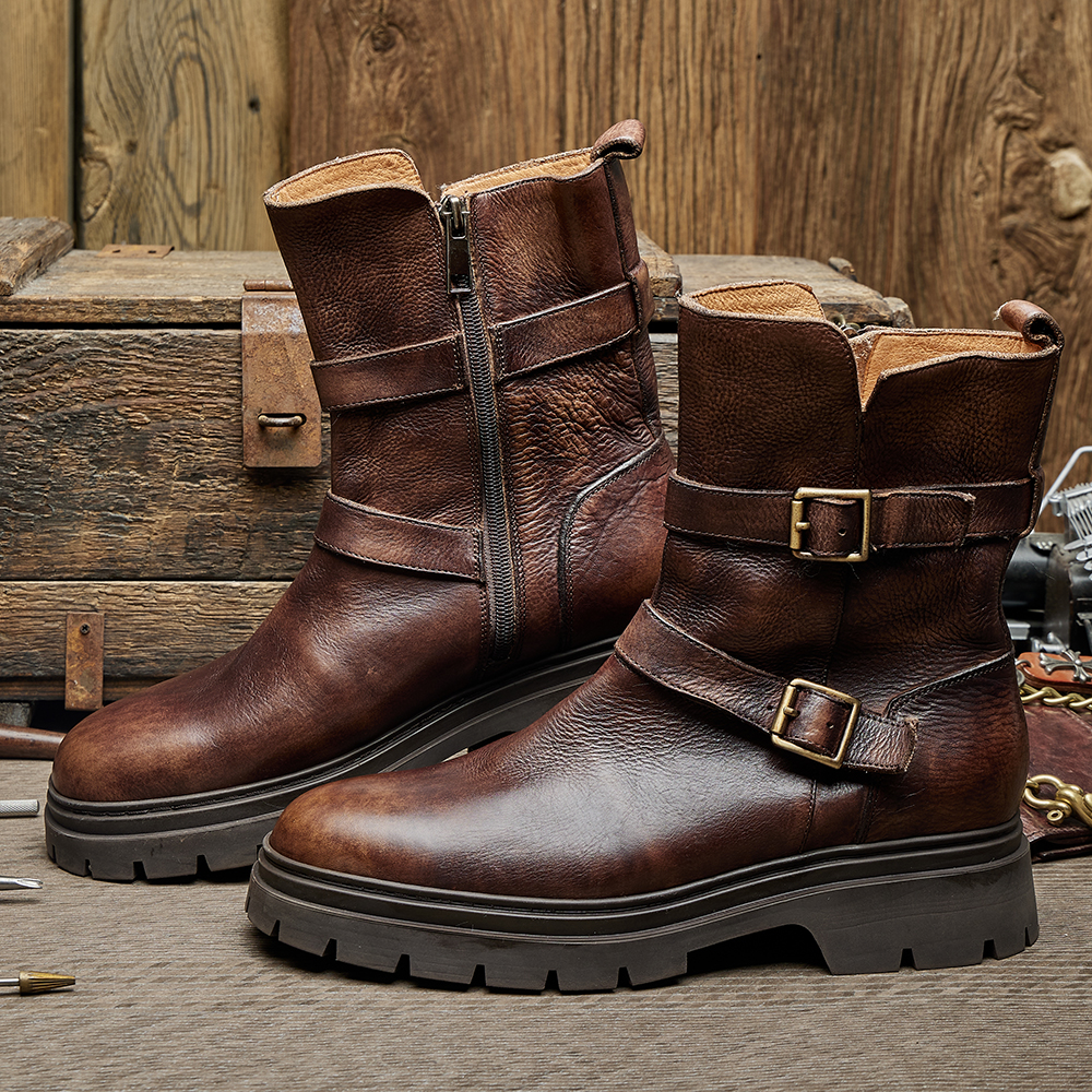 秋冬男式皮靴切尔西靴潮男真皮搭扣长靴英伦高筒靴男时尚厚底E235 - 图0