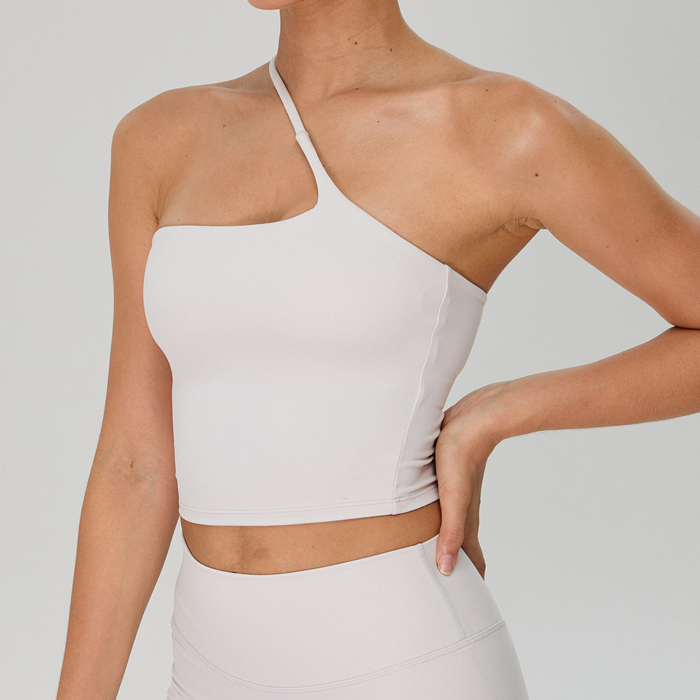 欧美斜单肩美背瑜伽背心女裸感上衣户外跑步运动健身内衣胸垫速干,淘宝优惠券,粉丝福利购,淘宝优惠卷