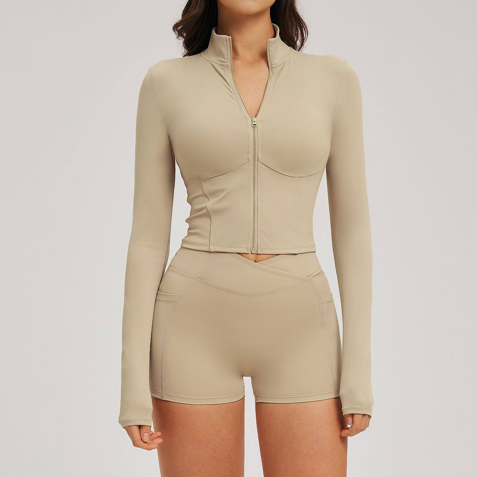 欧美跨境运动瑜伽套装女裸感拉链外套健身衣跑步短裤两件弹力紧身,淘宝优惠券,粉丝福利购,淘宝优惠卷