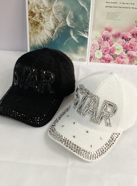 秋冬保暖水貂绒重工星钻棒球帽子