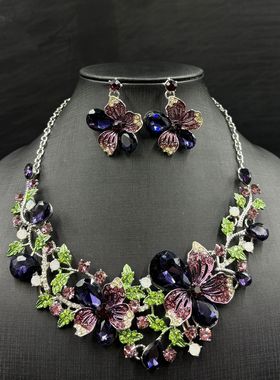 2025新款彩色花朵欧美项链套装女轻奢艳丽新娘项链画油宝石锁骨链