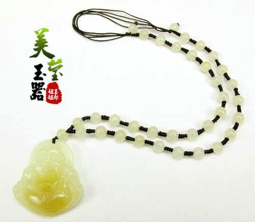 美莹玉器和田挂件天然岫玉石黄白老玉佩项吊坠弥勒笑佛LXF09证书 - 图1