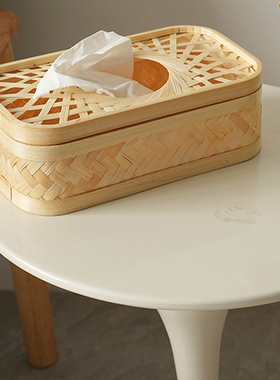 中式禅意手工竹编桌面纸巾盒摆件