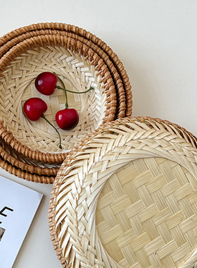 中式竹藤手工圆形禅意收纳篮摆件
