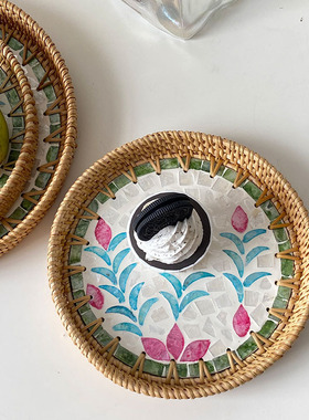 高级感藤条贝壳桌面玄关收纳托盘