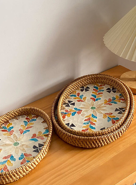 北欧手工藤条贝壳托盘桌面收纳