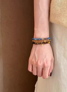 新中式招财转运黄水晶虎眼石手串女轻奢小众精致文艺双圈叠戴手链