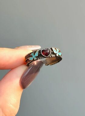 「飞鸟集」vintage中古飞鸟戒指女复古拉丝红色爱心布契风食指戒