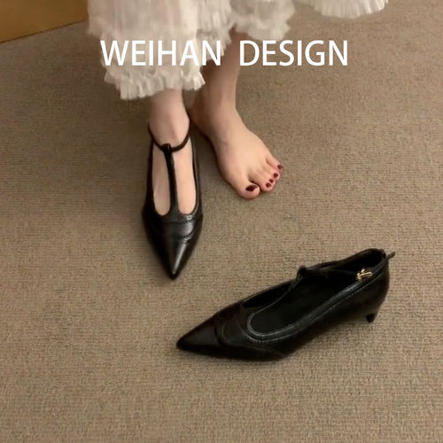 羊皮版！复古气质尖头浅口小猫跟高跟鞋女T字带设计感镂空凉鞋 - 图2