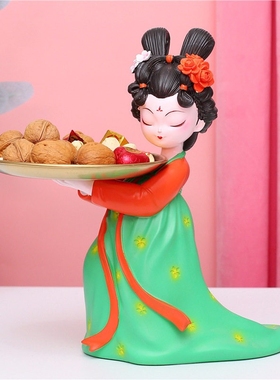 新中式古风女孩托盘装饰摆件果盘