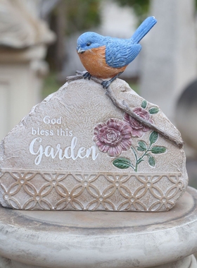 复古仿石头雕花鸟欢迎牌桌面摆件