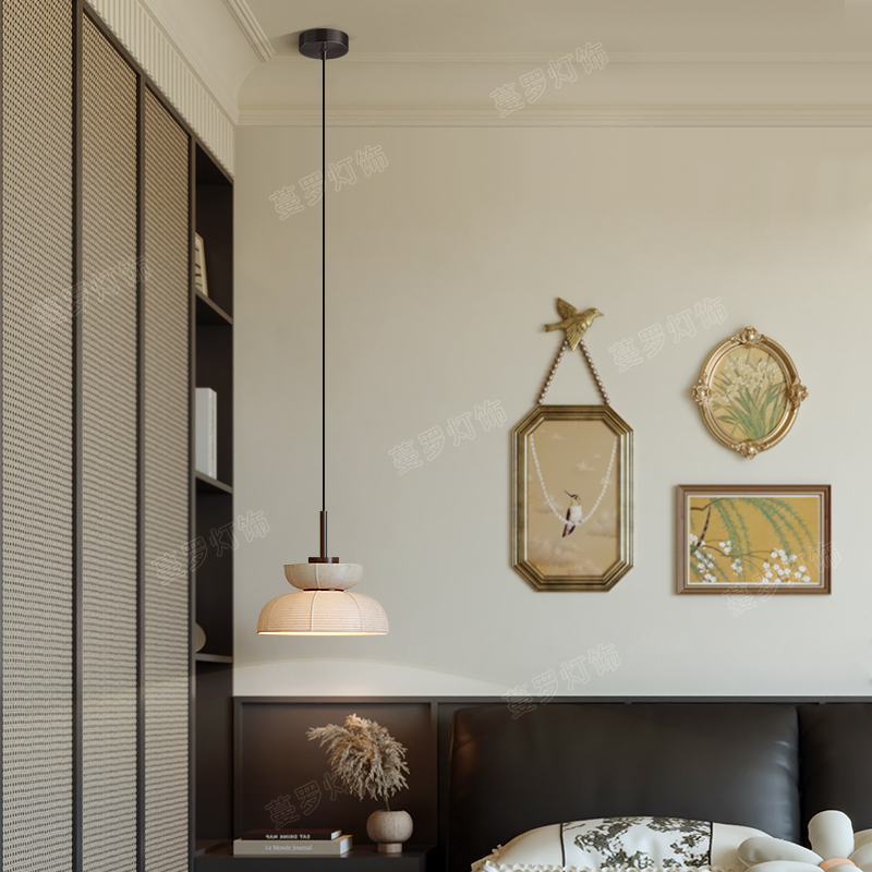 床头吊灯卧室吊线灯日式餐厅灯侘寂风屏风中古风设计师创意禅意灯 - 图0