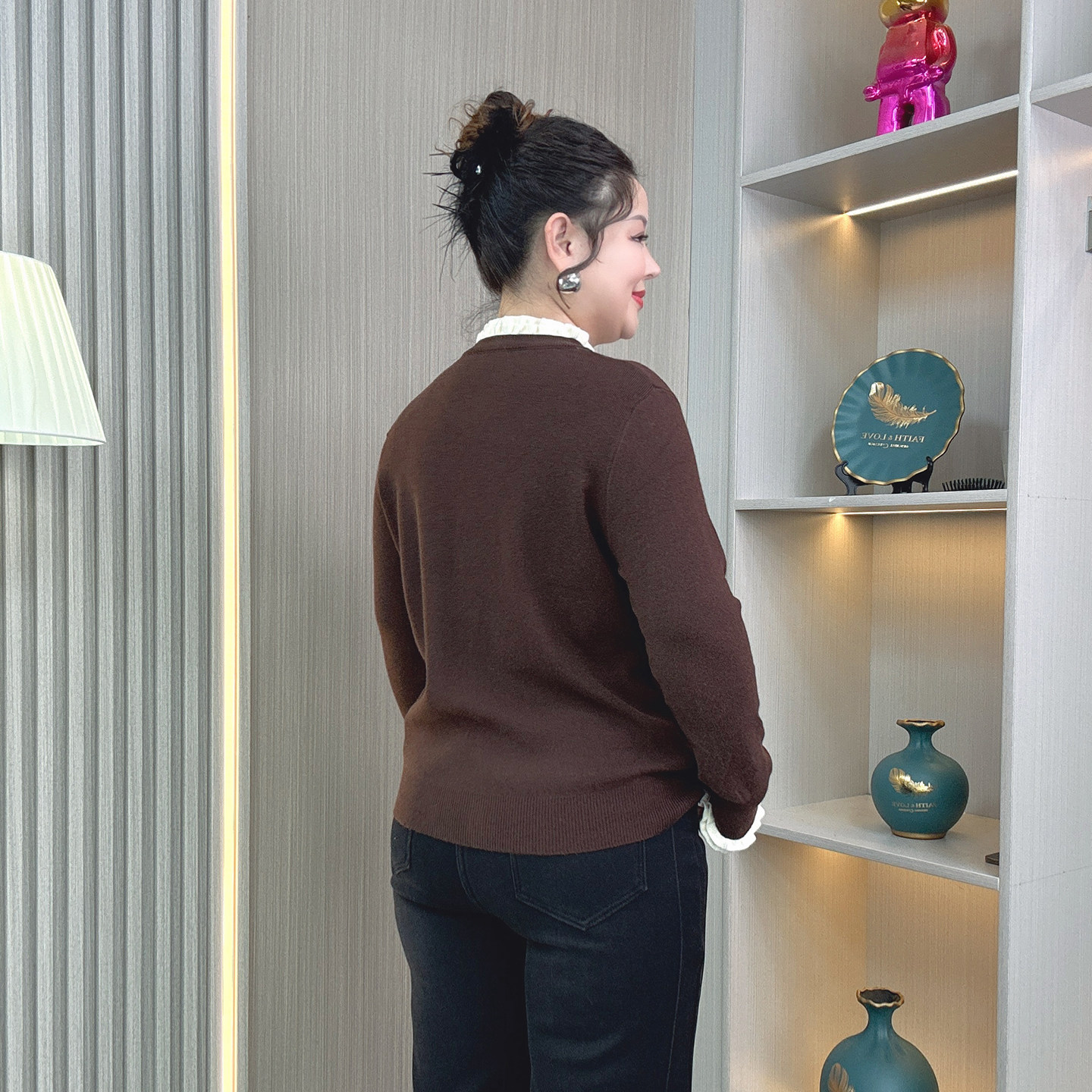 气质撞色花边领针织衫2025秋冬大码胖MM时尚慵懒洋气长袖开衫毛衣,淘宝优惠券,粉丝福利购,淘宝优惠卷