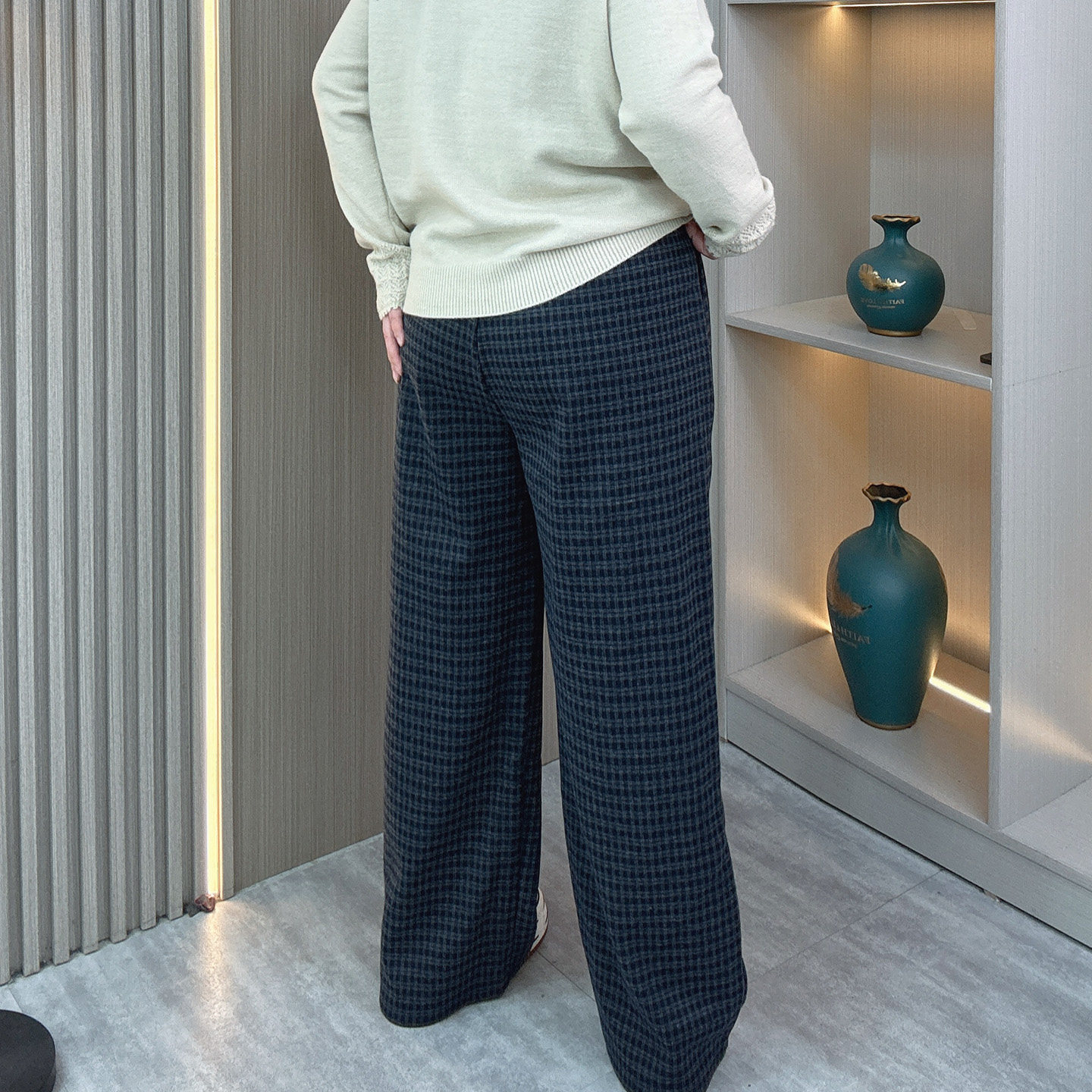 蓝色格子休闲裤女冬季加绒胖mm大码显瘦宽松慵懒垂感直筒阔腿长裤,淘宝优惠券,粉丝福利购,淘宝优惠卷