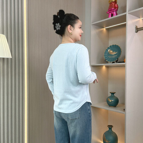 大码宽松正肩百搭上衣女士春季胖mm显瘦遮肚子减龄长袖T恤打底衫 - 图3