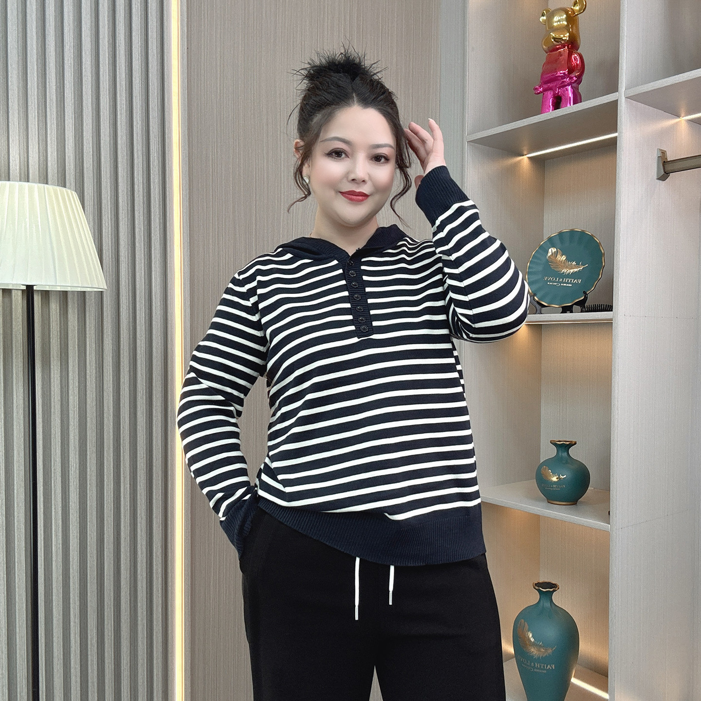 胖mm秋冬条纹连帽针织衫毛衣大码女装慵懒半开襟减龄舒适百搭帽衫,淘宝优惠券,粉丝福利购,淘宝优惠卷