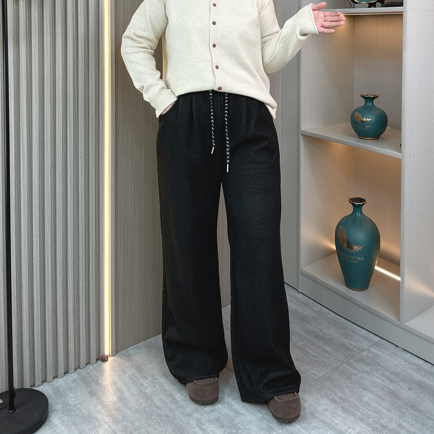 加绒加厚毛呢醋酸羊毛裤子女秋冬大码胖mm高腰宽松显瘦窄版阔腿裤 - 图1