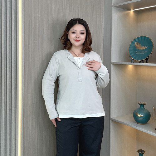 大码早秋假两件长袖t恤女春秋装胖mm时尚百搭简约宽松打底衫上衣 - 图1