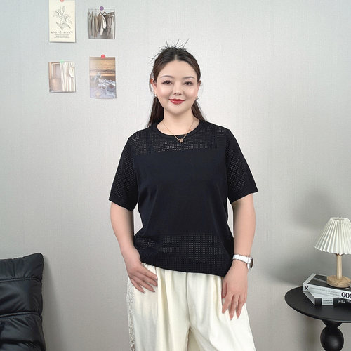 镂空短袖针织衫女大码夏季黑色正肩T恤宽松显瘦圆领休闲冰丝上衣 - 图2