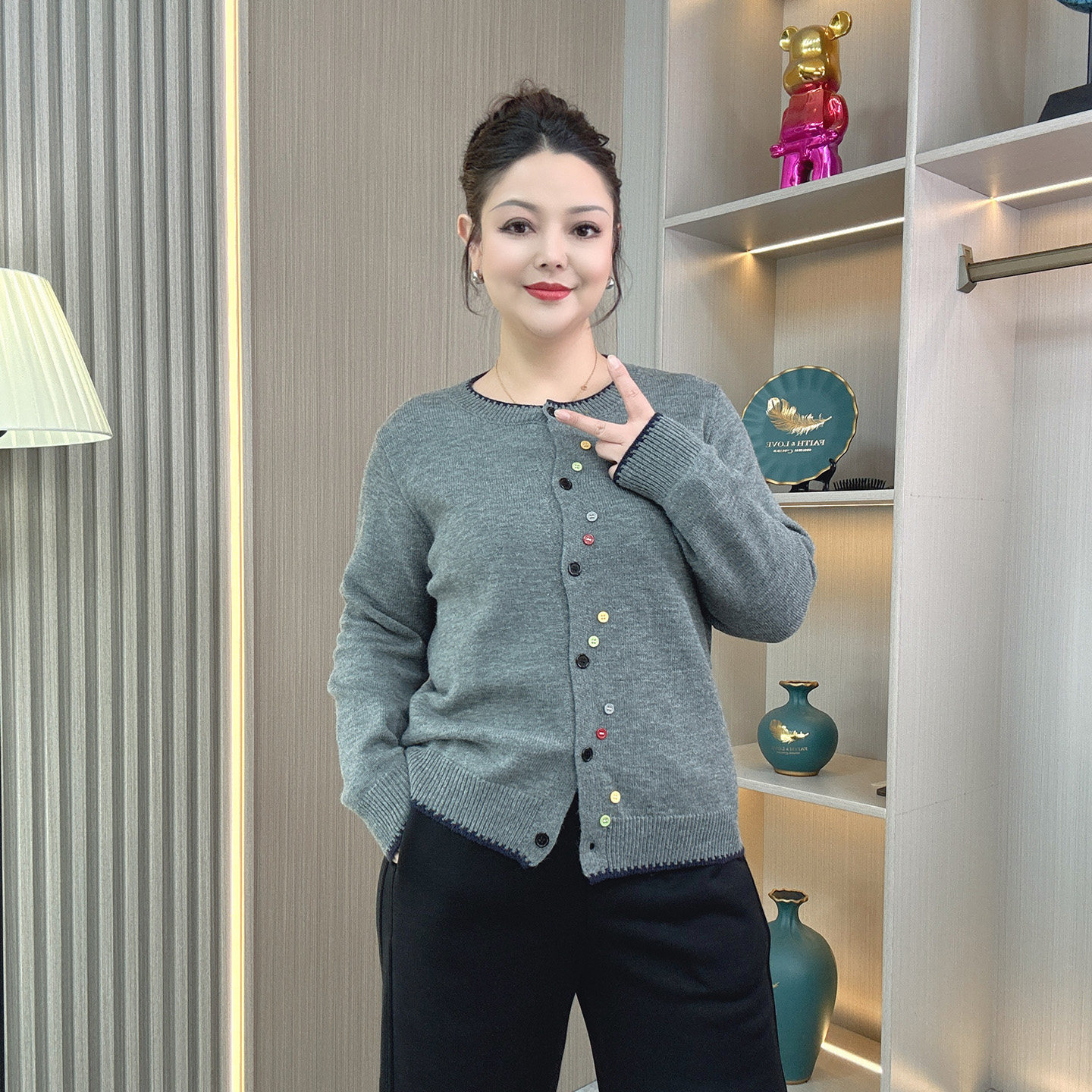 韩版宽松大码针织毛衣女秋冬新款胖mm彩色扣百搭简约显瘦开衫外套,淘宝优惠券,粉丝福利购,淘宝优惠卷