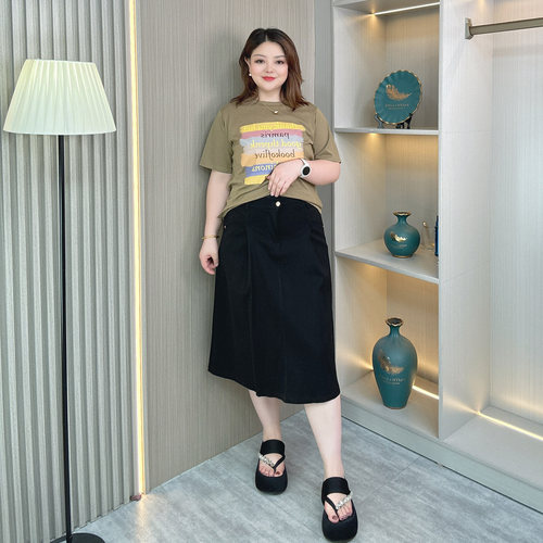 大码高腰牛仔半身裙女休闲裙子胖mm中长款a字高级感夏装显瘦长裙 - 图0