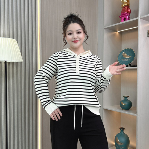 胖mm秋冬条纹连帽针织衫毛衣大码女装慵懒半开襟减龄舒适百搭帽衫 - 图2