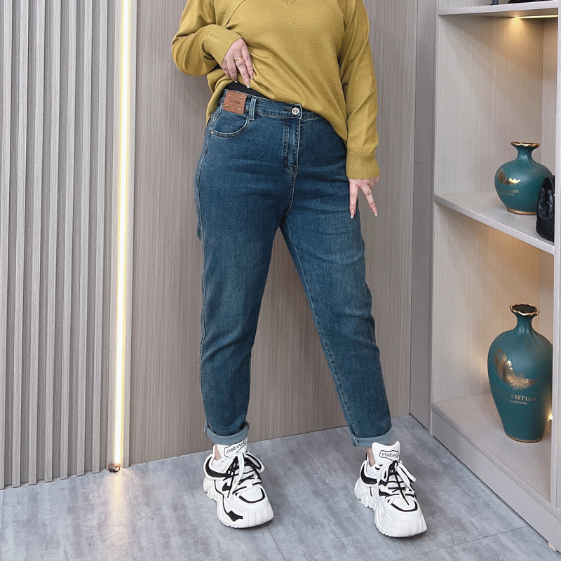 2025秋冬新款大码牛仔裤女胖MM200斤宽松大腿粗显瘦加绒哈伦裤子,淘宝优惠券,粉丝福利购,淘宝优惠卷