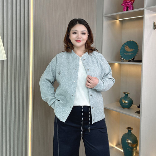 大码女装纯色棒球服外套春秋宽松时尚潮流减龄百搭长袖卫衣短外套 - 图2