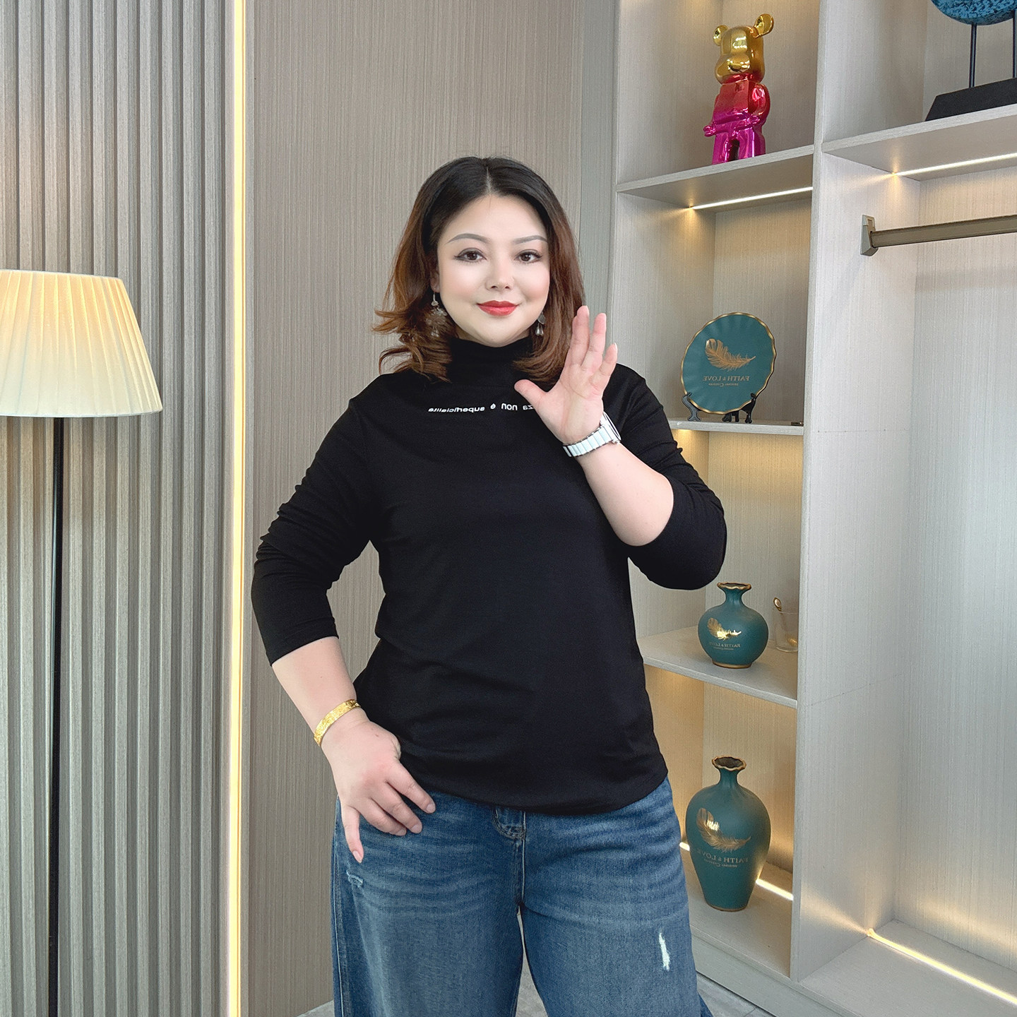 胖mm大码打底衫百搭简约基础款半高领秋冬内搭遮肉显瘦字母T恤衫,淘宝优惠券,粉丝福利购,淘宝优惠卷